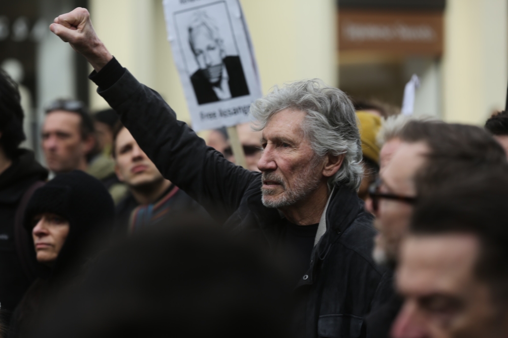 Songwriter and singer Roger Waters and a group of supporters of Wikileaks founder Julian Assange stage a demonstration in support of him, ahead of the preliminary hearing, in front of High Commission of Australia (Australia House) on February 22, 2020 in 