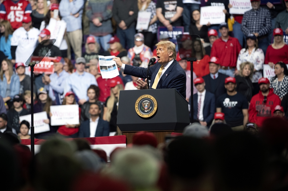 US President Donald Trump addresses supporters during a Keep America Great campaign rally at the Broadmoor World Arena in Colorado Springs, Colorado on February 20, 2020. (Jason Connolly/ Anadolu Agency)
 