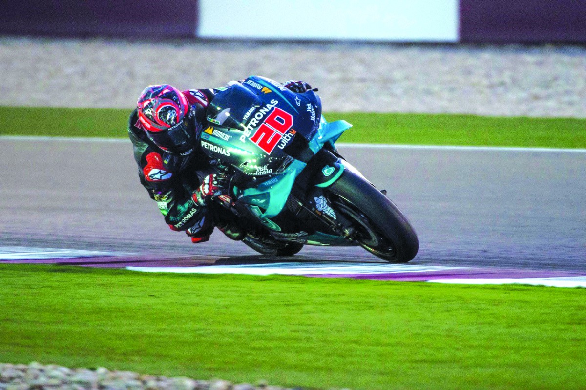 Fabio Quartararo (Petronas Yamaha SRT) in action during the second day of MotoGP pre-season testing at the Losail International Circuit, yesterday. Quartararo set the fastest lap of the Qatar Test to top the timesheets yesterday (1:54.038) with the French