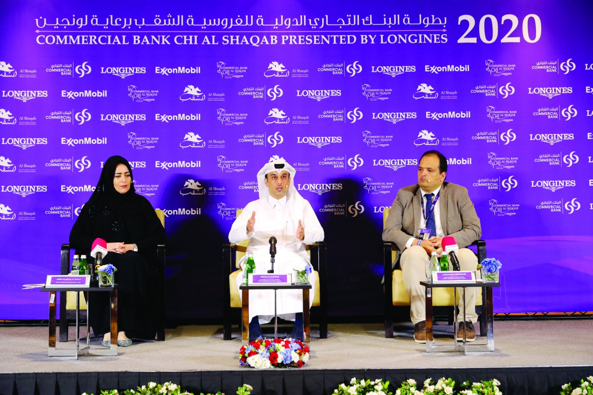 Omar Al Mannai, Event Director of CBQ CHI Al Shaqab presented by Longines, is seen with Abeer Marwan Al Kalla, Head of Corporate Communications and CSR, and Alejandro Berdegue, Sport Coordinator at Al Shaqab, at Longines Arena in Doha yesterday.