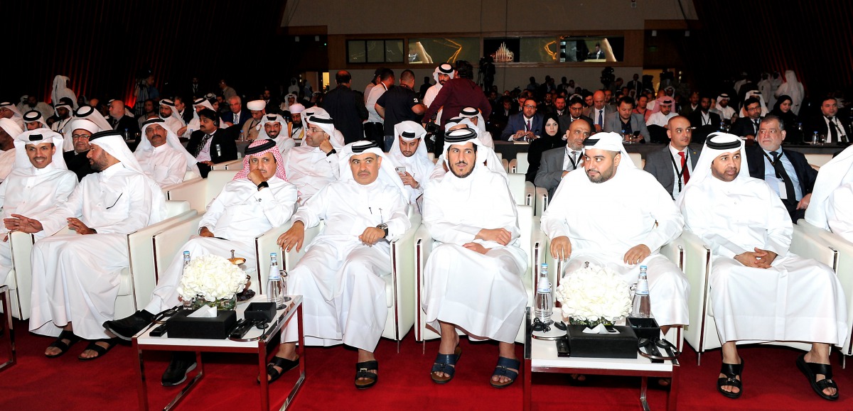 H E Ali bin Ahmed Al Kuwari (fourth left), Minister of Commerce and Industry; Sheikh Mohammad bin Hamad bin Jassim Al Thani (second right), Chairman and Managing Director of Barwa Bank Group; Qatar Chamber Chairman Sheikh Khalifa bin Jassim Al Thani (thir