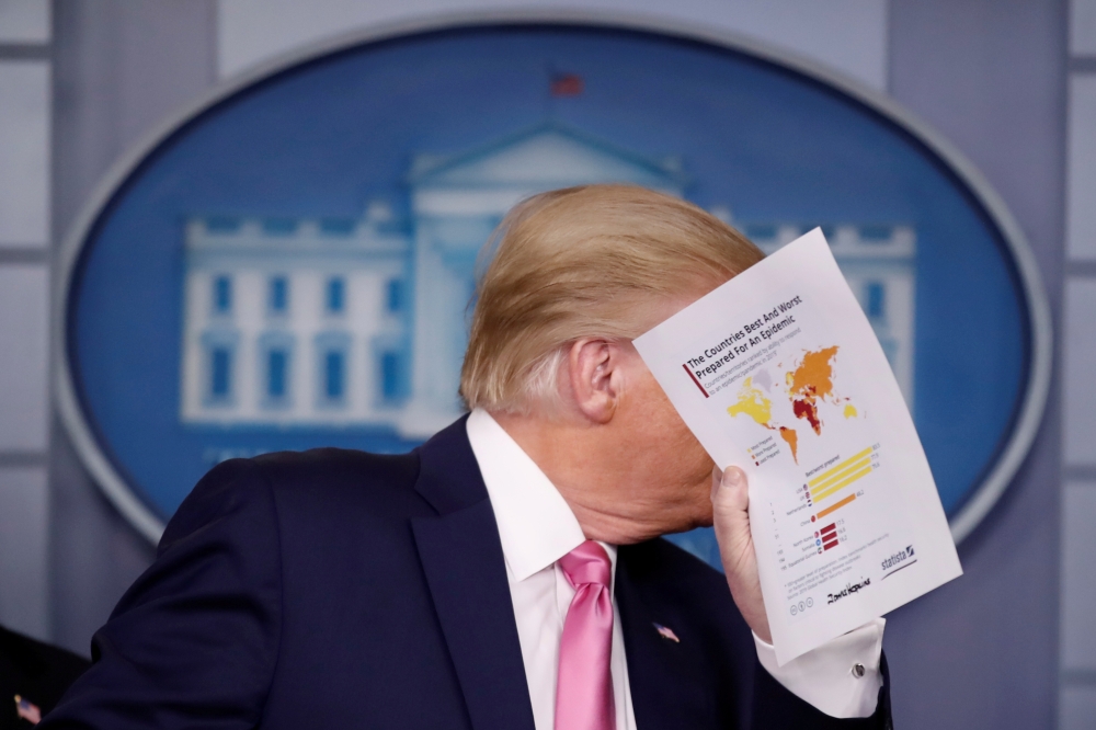 US President Donald Trump holds news conference on the coronavirus outbreak at the White House in Washington, US, February 26, 2020. REUTERS/Carlos Barria