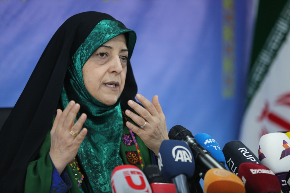 In this file photo taken on January 29, 2019, Vice President of Iran for Women and Family Affairs, Massoumeh Ebtekar, speaks to reporters during a press conference in the Islamic republic's capital Tehran. AFP / Atta Kenare
 