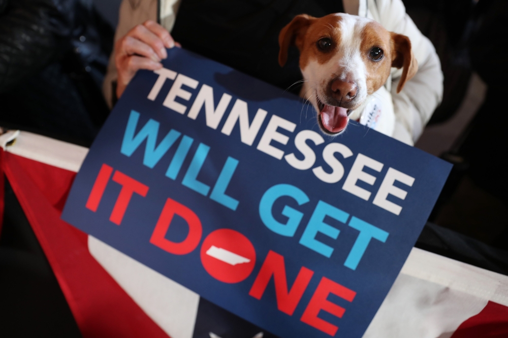  Ace and his owner wait for the arrival of Democratic presidential candidate, former New York City mayor Mike Bloomberg during his campaign rally held at the Minglewood Hall on February 28, 2020 in Memphis, Tennessee. Joe Raedle/Getty Images/AFP 