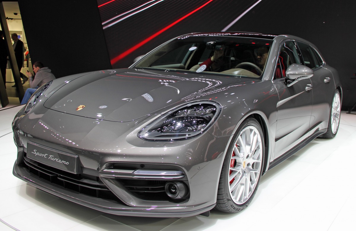A Porsche Panamera Turbo Spor Turismo displayed in a previous Geneva auto show