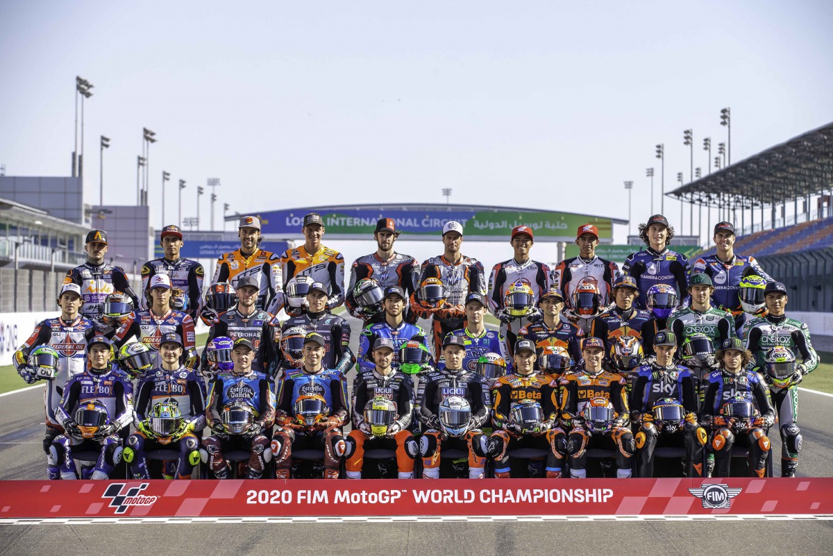 Moto2 riders posing for a photograph at the Losail International Circuit yesterday ahead of the QNB Qatar Grand Prix.