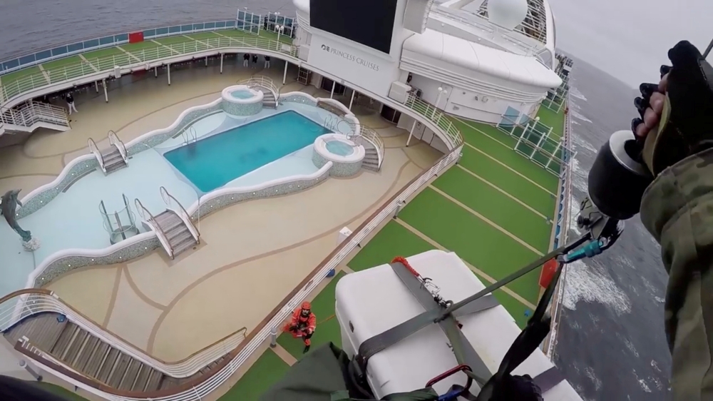 Airmen from the Moffett Federal Airfield based, 129th Rescue Wing deliver coronavirus test-kits to the Grand Princess cruise ship off the coast of California, U.S. in this still image from a handout video obtained by Reuters on March 5, 2020. California N