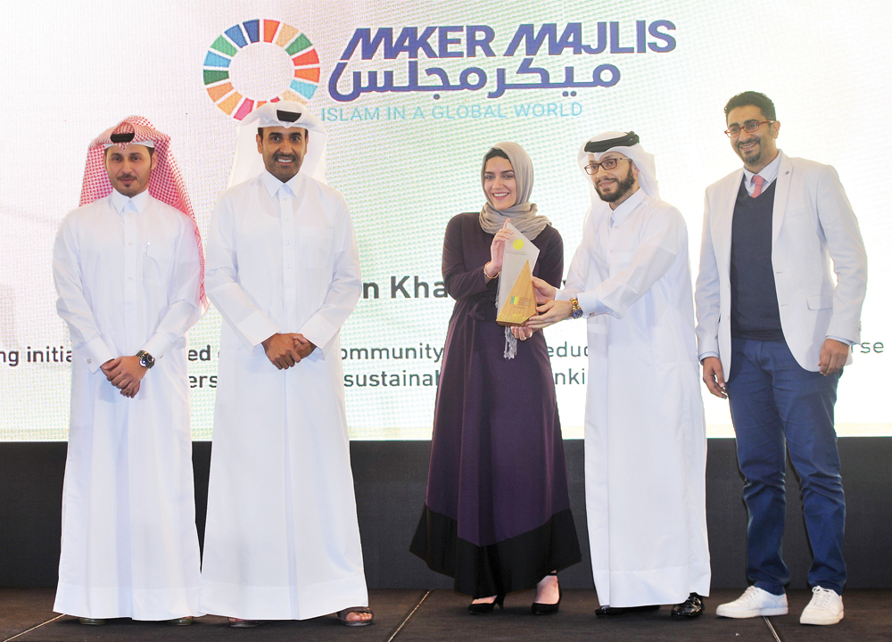 Eng. Meshal Al Shamari (left), Director of Qatar Green Building Council, and Issa bin Mohammed Al Mohannadi, QREC Chairman, during the Qatar Sustainability Awards 2020 ceremony at City Center Rotana Hotel. Pic: Baher Amin/The Peninsula 