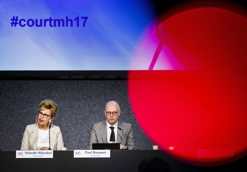 District Court of The Hague Dutch press judge Yolande Wijnnobel (L) speaks past Dutch press judge Paul Rouwen about the first session of the international MH17 trial in Badhoevedorp, The Netherlands, on March 9, 2020. Netherlands Out / AFP / ANP / Remko D