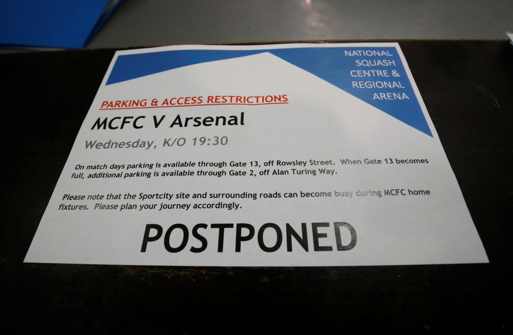 Soccer Football - Premier League - POSTPONED - Manchester City v Arsenal - Etihad Stadium, Manchester, Britain - March 11, 2020 General view of a message at the Etihad Stadium as the match is postponed while the number of coronavirus cases grow around the