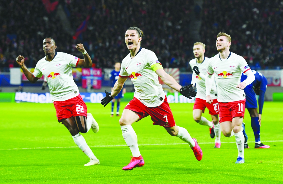 RB Leipzig's Marcel Sabitzer celebrates scoring their first goal. Reuters/Annegret Hilse