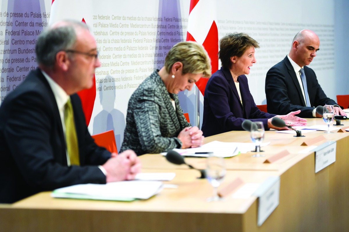 (From L) Swiss Economy Minister Guy Parmelin, Swiss Justice Minister Karin Keller-Sutter, Swiss President Simonetta Sommaruga and Swiss Interior Minister Alain Berset attend a press conference on the new preventive measures against the spread of the COVID