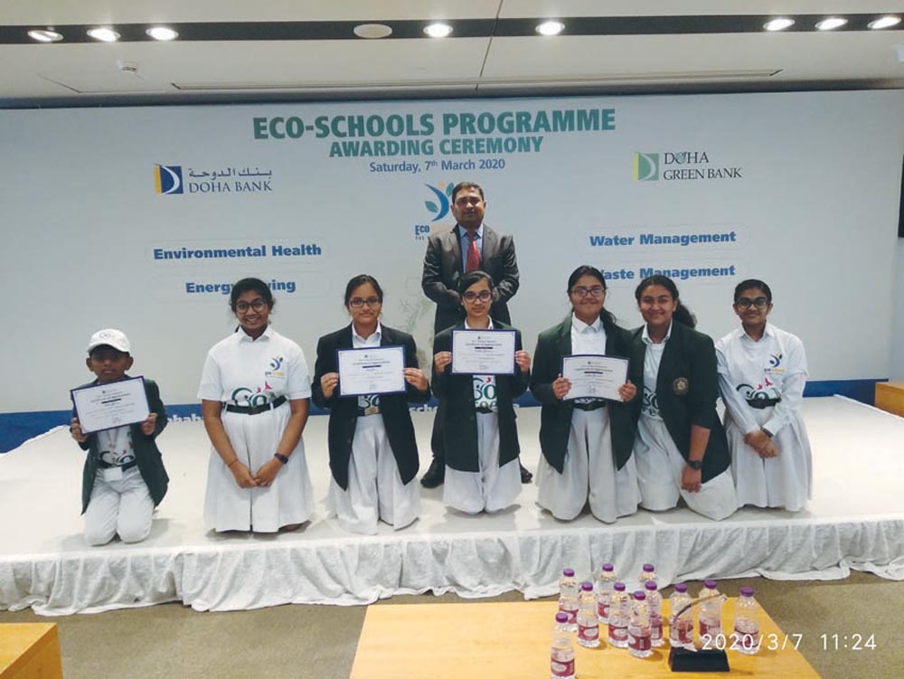 DPS-Modern Indian School students holding certificates during the ECO-Schools Programme Award 2019-20 ceremony.