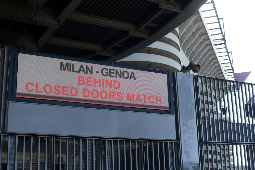 File photo: Match between Italian football league clubs AC Milan and FC Genoa taking place behind closed doors in 2020.