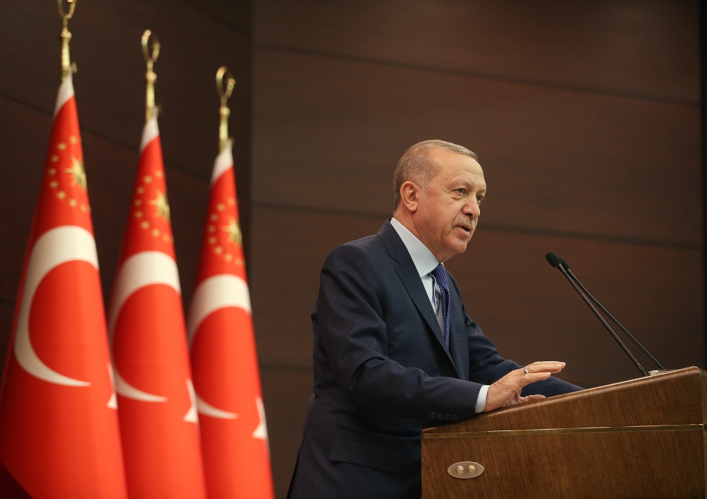 President of Turkey Recep Tayyip Erdogan delivers a speech after coordination meeting of fight against coronavirus at Cankaya Palace in Ankara, Turkey on March 18, 2020. Murat Cetinmuhurdar - Anadolu 