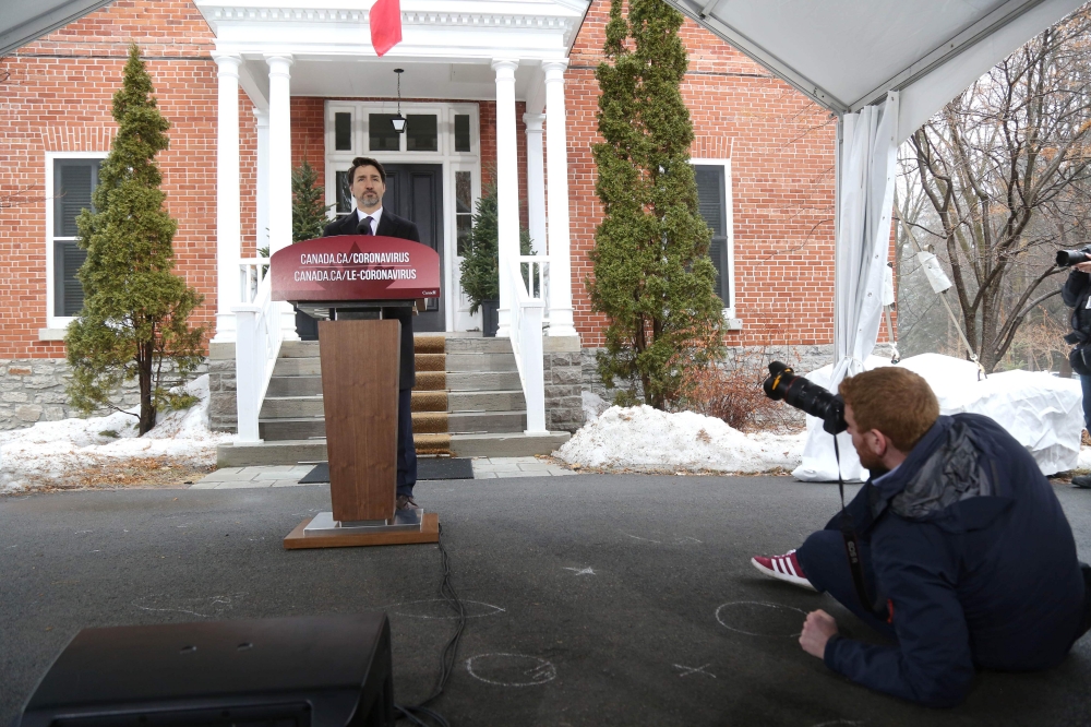 Canadian Prime Minister Justin Trudeau speaks during a news conference on COVID-19 situation in Canada from his residence March 20, 2020 in Ottawa, Canada. AFP / Dave Chan