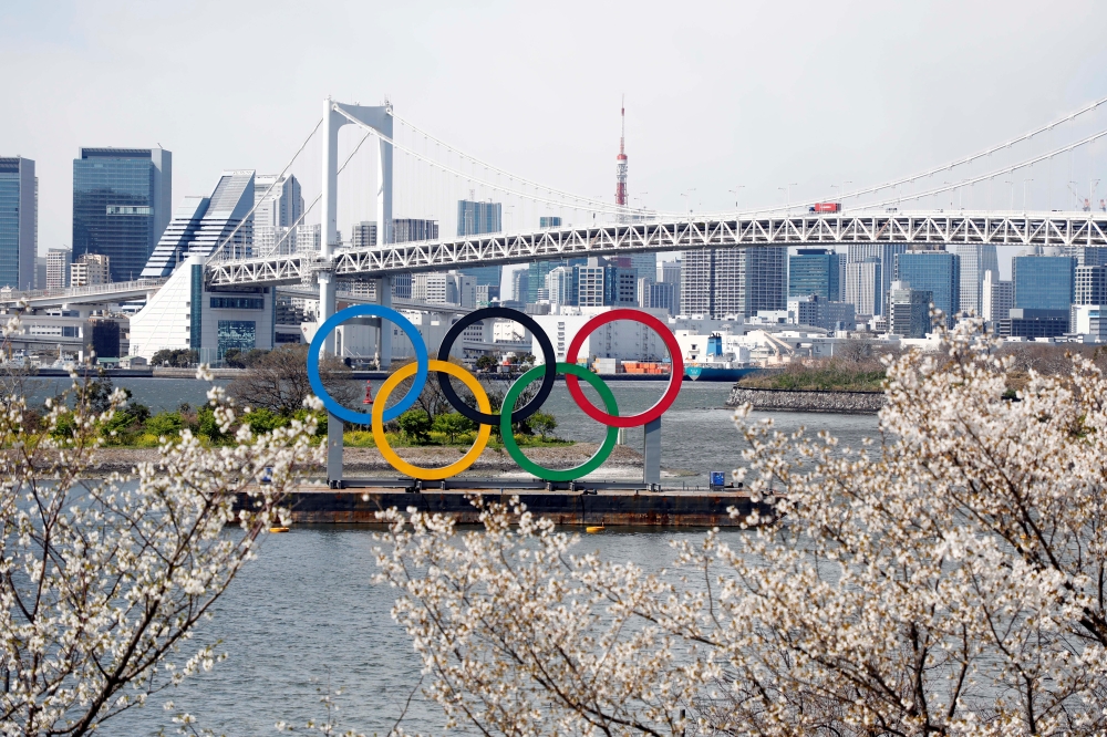 Olympic rings monument at Rainbow Bridge, Odaiba, Tokyo. On Monday the IOC announced that the Tokyo 2020 Summer Olympics Games would be postponed due to the COVID-19 coronavirus pandemic. Mandatory Credit: Yukihito Taguchi-USA TODAY Sports