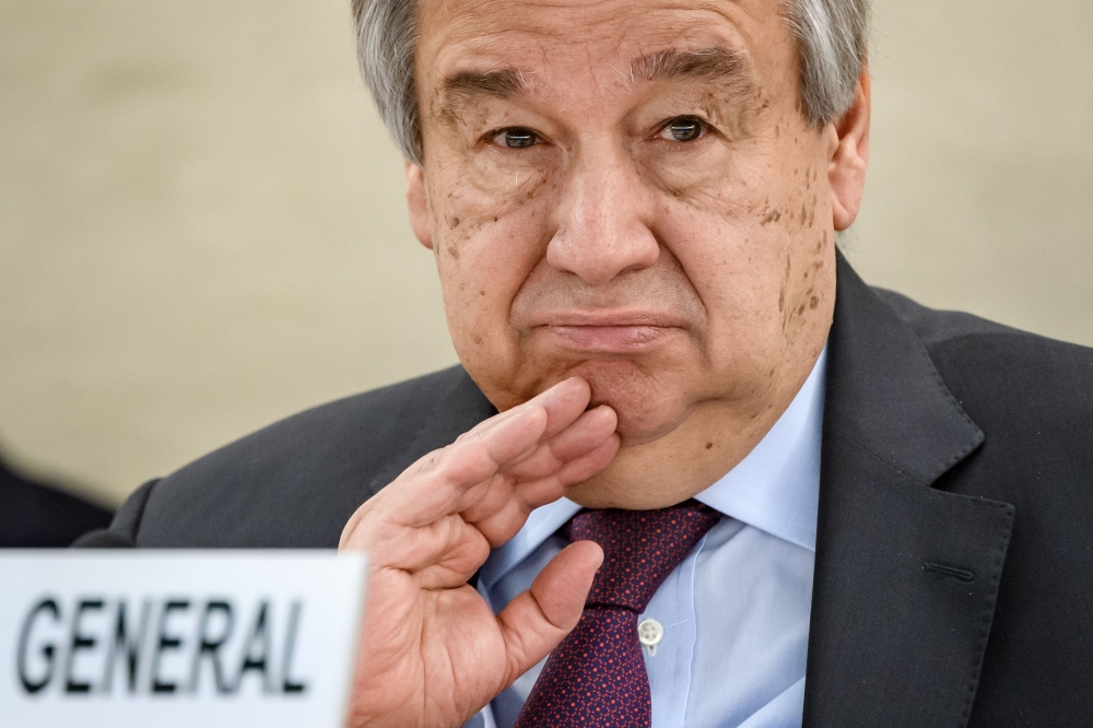  In this file photo taken on February 24, 2020 UN Secretary-General Antonio Guterres looks on at the opening of the UN Human Rights Council's main annual session in Geneva. / AFP / Fabrice COFFRINI