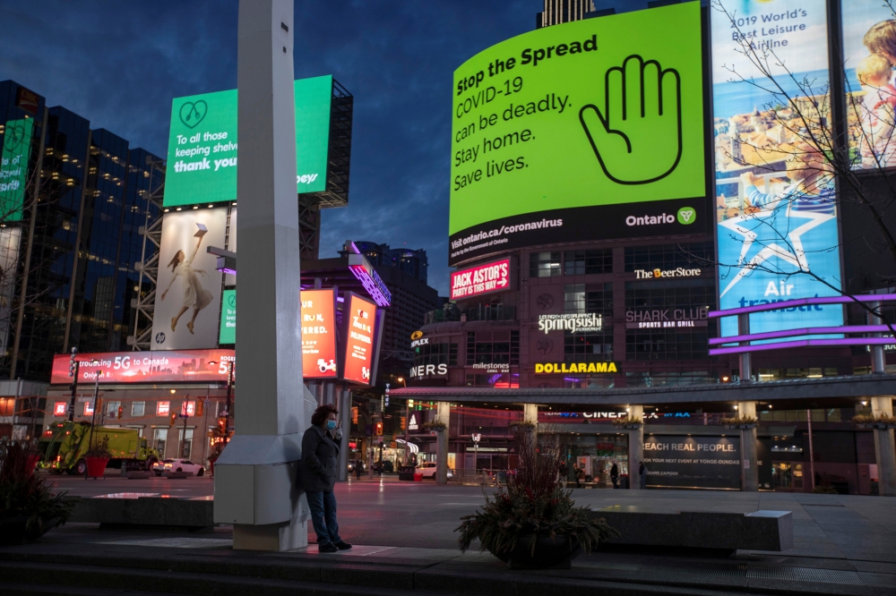 A view of Yonge and Dundas Square, as the number of the coronavirus disease (COVID-19) cases continue to grow in Toronto, Ontario, Canada April 8, 2020. REUTERS/Carlos Osorio