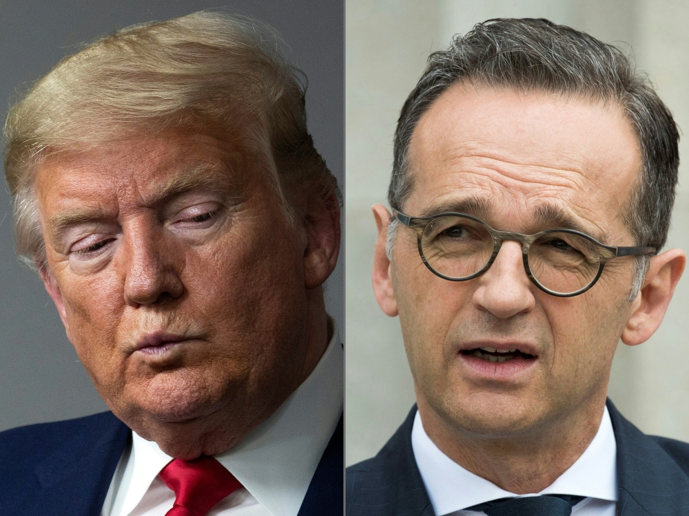 (COMBO) This combination of file pictures created on April 15, 2020 shows US President Donald Trump (L, at the White House on April 3, 2020 in Washington, DC) and German Foreign Minister Heiko Maas (in Berlin on May 31, 2019). / AFP / JIM WATSON AND Odd A