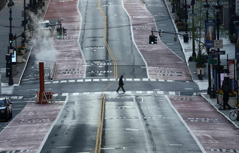 A deserted 42nd Street is seen in midtown New York on April 19, 2020 during the COVID-19, coronavirus epidemic. (AFP / TIMOTHY A. CLARY)