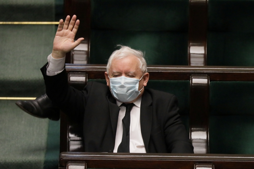 Law and Justice (PiS) leader Jaroslaw Kaczynski wears protective mask as he attends the Polish Parliament session in Warsaw, Poland April 16, 2020. Slawomir Kaminski/Agencja Gazeta via REUTERS
