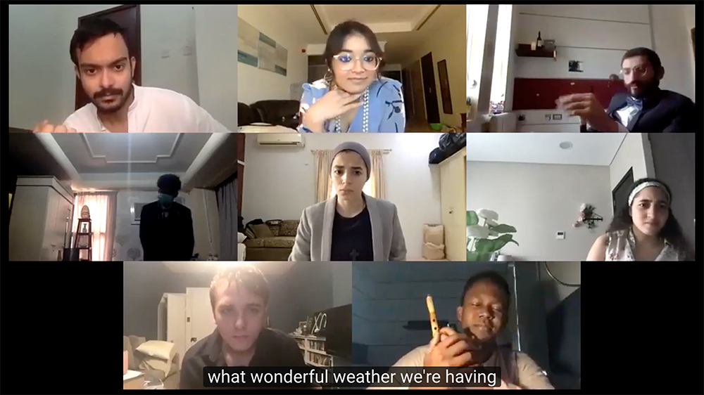 A screenshot from the live stream of NU-Q’s Creative Collaborations production, The Cherry Orchard - Quarantined.