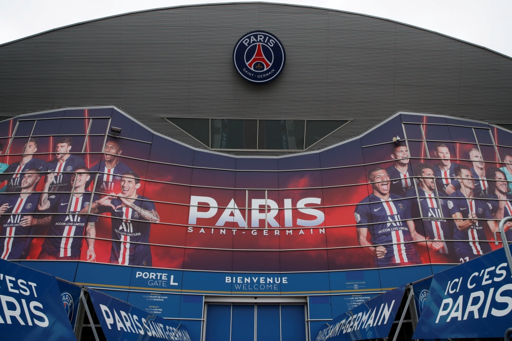 FILE PHOTO: General view of the main entrance of the Parc de Princes stadium a day before the Champions League match between Paris Saint-Germain and Borussia Dortmund, which was played behind closed doors due to the coronavirus outbreak, in Paris, France 