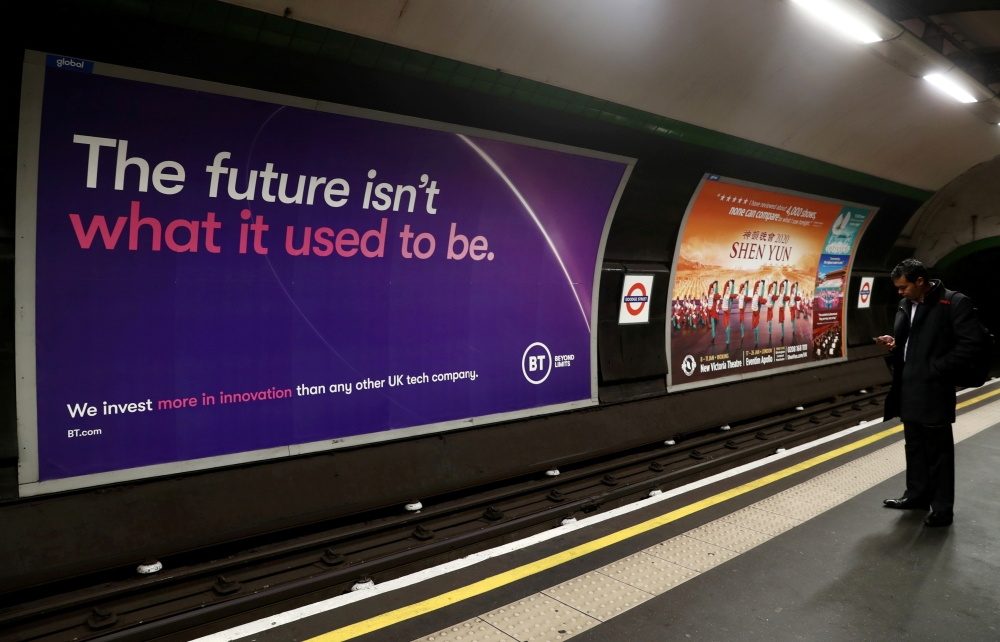 FILE PHOTO: British Telecom (BT) advertisement is displayed at Goodge Street underground station in London, Britain, November 15, 2019. REUTERS/Simon Dawson/File Photo