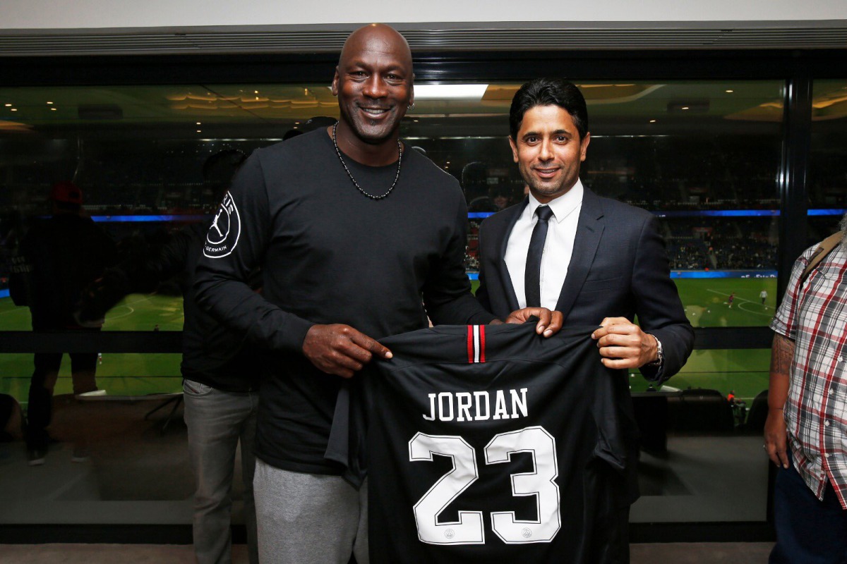 PSG Chairman Nasser Al Khelaifi poses with basketball icon Michael Jordan in this file photo. PIC: COURTESY PSG TWITTER HANDLE