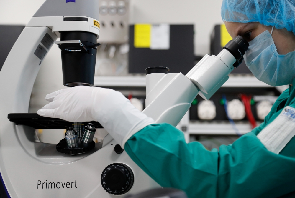 A scientist examines COVID-19 infected cells under a microscope during research for a vaccine against the coronavirus disease (COVID-19) at a laboratory May 20, 2020. REUTERS/Anton Vaganov
