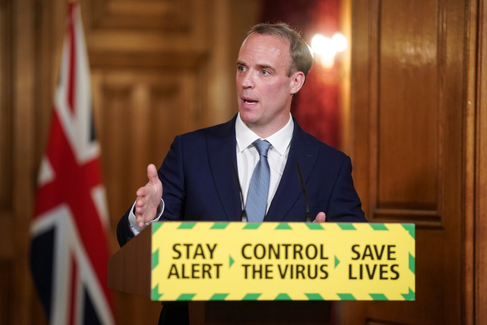 Britain's Secretary of State for Foreign Affairs Dominic Raab speaks during a daily briefing to update on the coronavirus disease (COVID-19) outbreak, at 10 Downing Street in London, Britain June 15, 2020. Pippa Fowles/10 Downing Street/Handout via REUTER