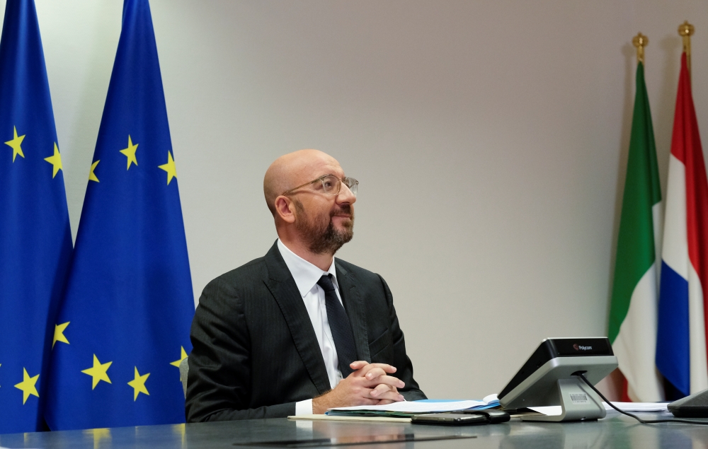 European Council President Charles Michel attends a virtual meeting with European leaders to discuss the bloc's budget and recovery fund, in Brussels, Belgium June 19, 2020. Olivier Hoslet/Pool via REUTERS