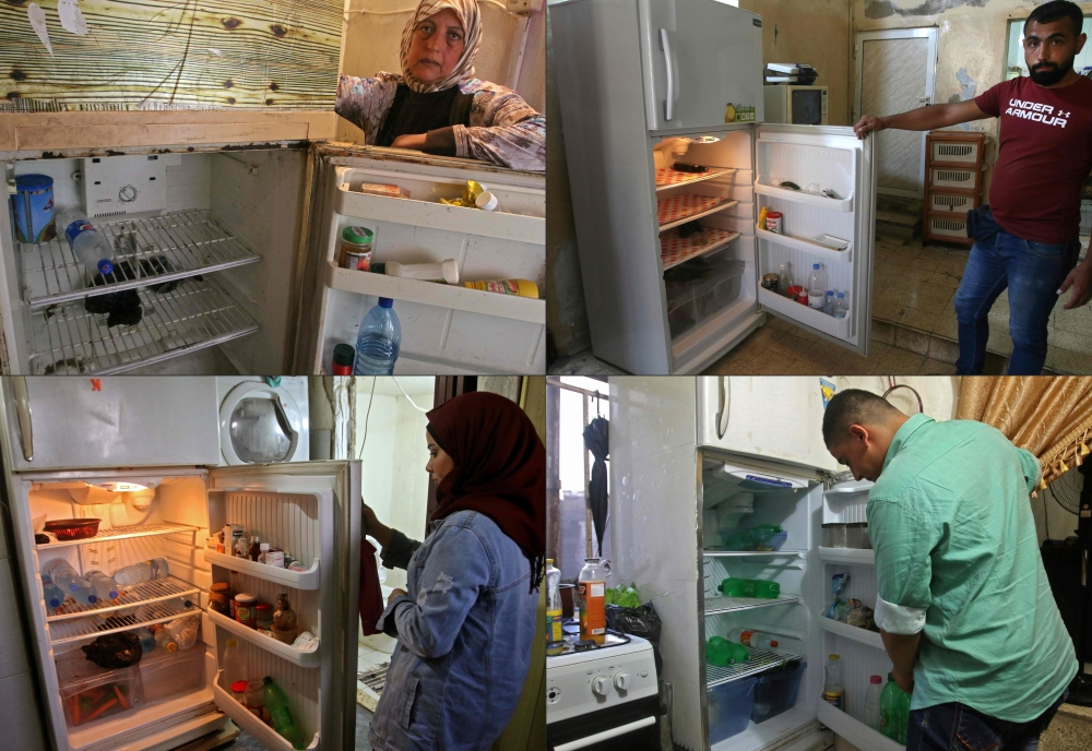 (COMBO) This combination of pictures created on June 22, 2020 shows Lebanese citizens, across the country, displaying the content of their refrigerators. Lebanon's economic crisis has led to a collapse of the local currency and purchasing power, plunging 