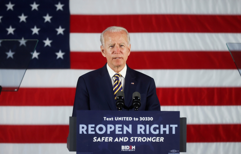 Democratic U.S. presidential candidate and former Vice President Joe Biden speaks during a campaign event at a community center in Darby, Pennsylvania U.S., June 17, 2020. REUTERS/Jonathan Ernst/File Photo