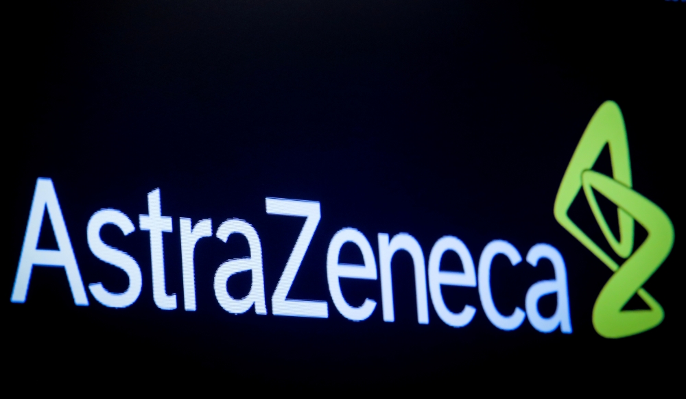FILE PHOTO: The logo for pharmaceutical company AstraZeneca at the New York Stock Exchange in New York, U.S., April 8, 2019. REUTERS/Brendan McDermid/File Photo
