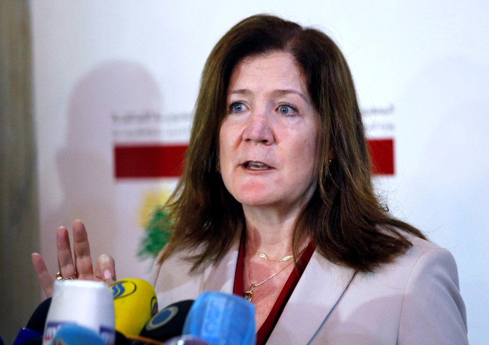 U.S. Ambassador to Lebanon Dorothy Shea speaks during a news conference after meeting with Lebanon's Foreign Minister Nassif Hitti at the Ministry of Foreign Affairs in Beirut, Lebanon June 29, 2020. REUTERS/Mohamed Azakir