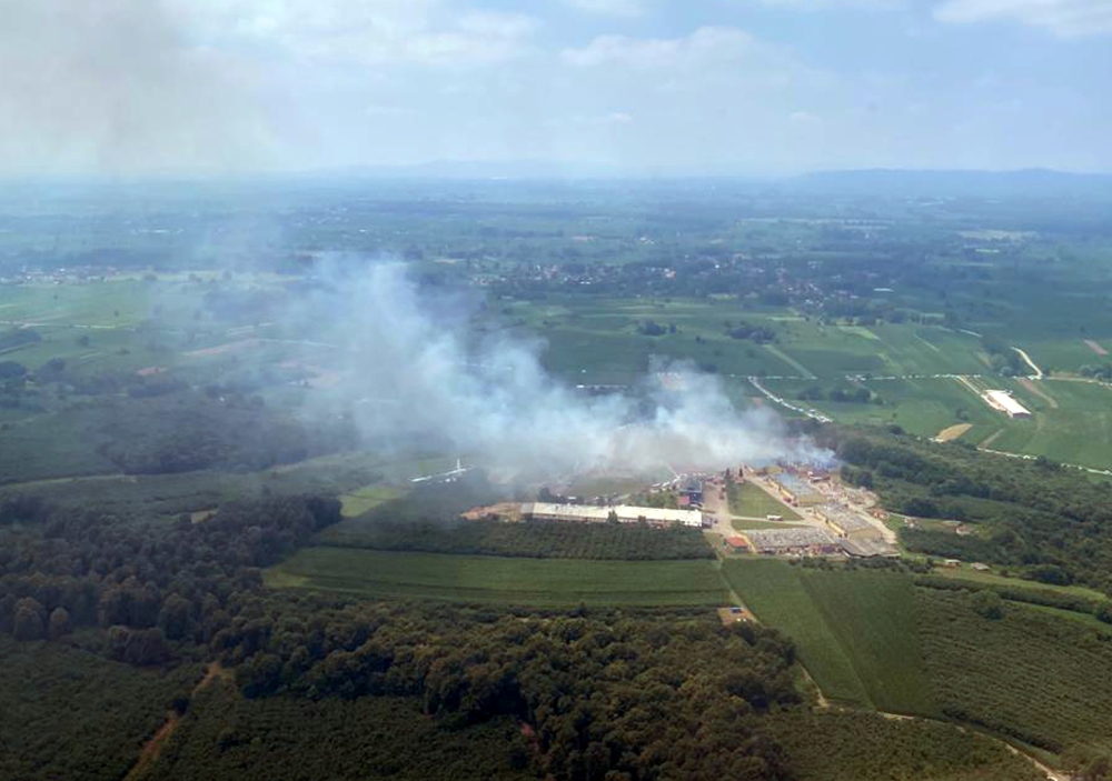 An aerial view of the firework factory following a blast is seen from a helicopter of Turkish Interior Minister Suleyman Soylu, in Hendek in Sakarya province, Turkey, July 3, 2020. Turkish Interior Ministry/Handout via REUTERS 
