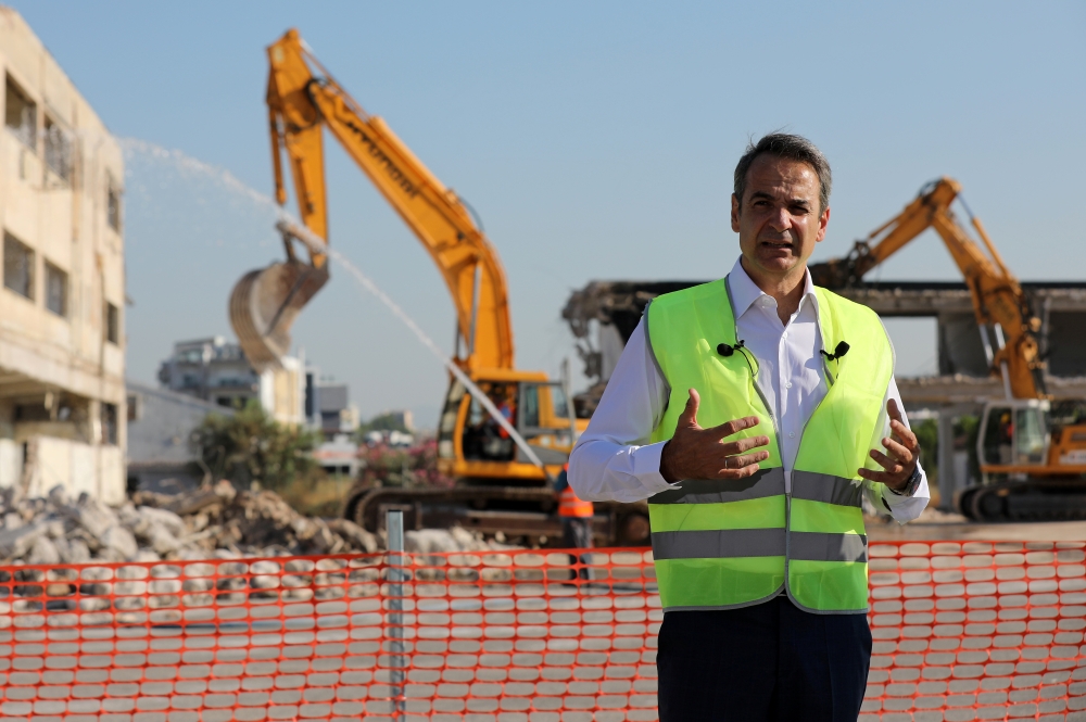 Greek Prime Minister Kyriakos Mitsotakis gestures during an inaugural ceremony of works at Greece's biggest property investment at the disused Hellenikon airport, in Athens, Greece, July 3, 2020. Reuters/Costas Baltas