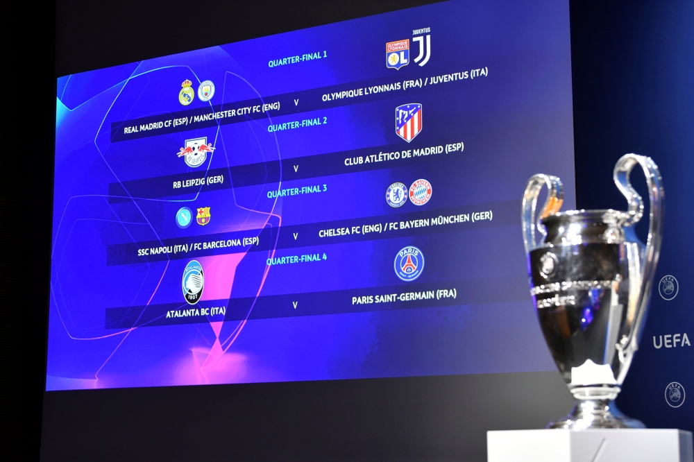 General view of the Champions League Quarter Final draw. (UEFA Pool/Handout via REUTERS)