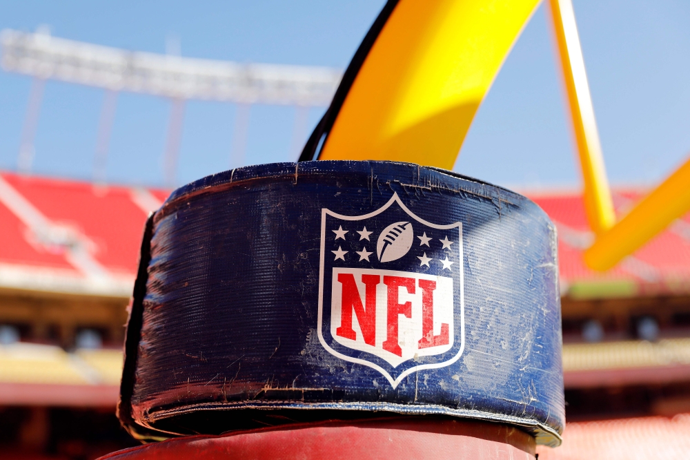 In this file photo a detail view is seen of the National Football League logo on the goal post stanchion before the AFC Championship Game between the Kansas City Chiefs and the Tennessee Titans at Arrowhead Stadium on January 19, 2020 in Kansas City, Miss