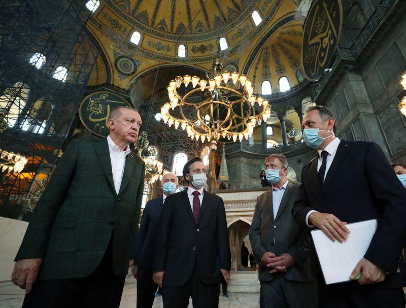 Turkish President Tayyip Erdogan visits the Hagia Sophia or Ayasofya-i Kebir Camii in Istanbul, Turkey, July 19, 2020. Murat Cetinmuhurdar/Handout via REUTERS
