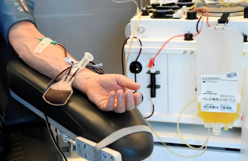 FILE PHOTO: A person donates blood plasma, following the coronavirus disease (COVID-19) outbreak, at Sanquin blood bank in Amsterdam, Netherlands, May 19, 2020. REUTERS/Piroschka van de Wouw
