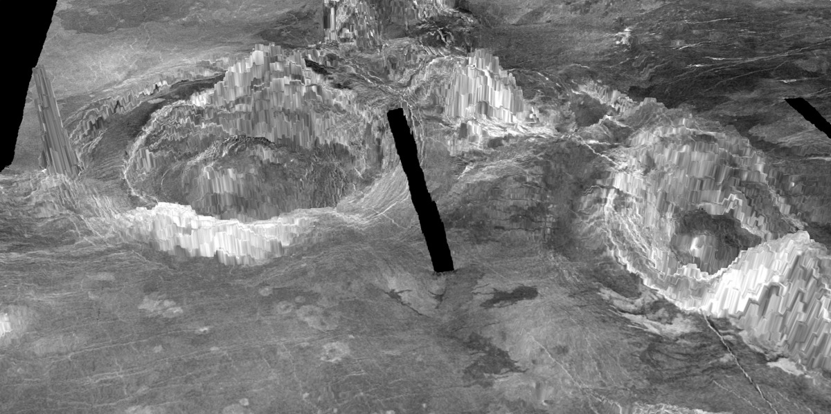 Two coronae, ring-like structures formed when hot material from deep inside the planet rises through the mantle and erupts through the crust, are observed on the surface of Venus in a 3-D rendition provided to Reuters July 20, 2020. The one of the left, n
