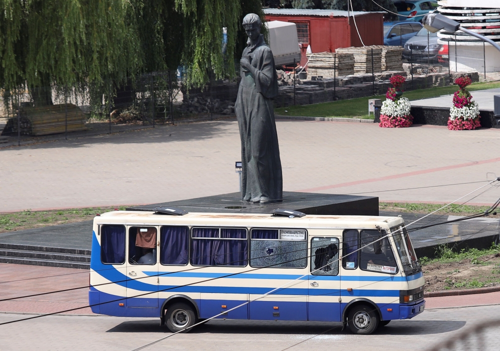 A view shows a passenger bus, which was seized by an unidentified person in the city of Lutsk, Ukraine July 21, 2020. REUTERS/Mykola Martyniuk
