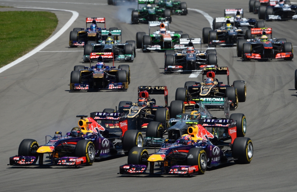 In this file photo taken on July 7, 2013, drivers take the first corner after the start at the Nurburgring race track in Nuerburg during the German Formula One Grand Prix. The Nurburgring race track will host a German Formula One Grand Prix again on Octob