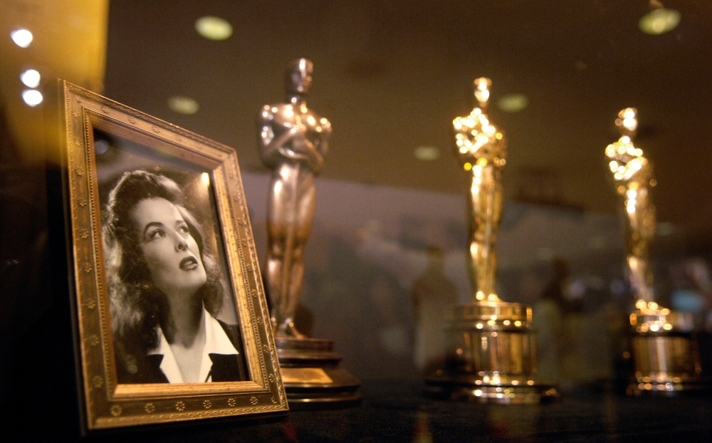 Oscars previously presented to actress Katharine Hepburn are seen at the 