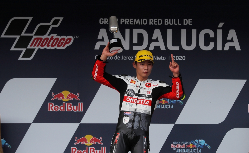 MotoGP - Andalucia Grand Prix - Circuito de Jerez, Jerez, Spain - July 26, 2020 Honda's Tatsuki Suzuki celebrates winning the Moto3 race REUTERS/Jon Nazca