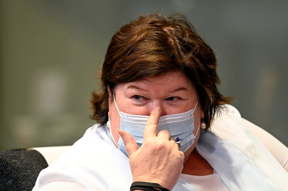 Belgium's Health Minister Maggie De Block wearing a protective mask attends a news conference after a meeting of the National Security Council amid the coronavirus disease (COVID-19) outbreak in Brussels, Belgium July 23, 2020. Dirk Waem/Pool via REUTERS