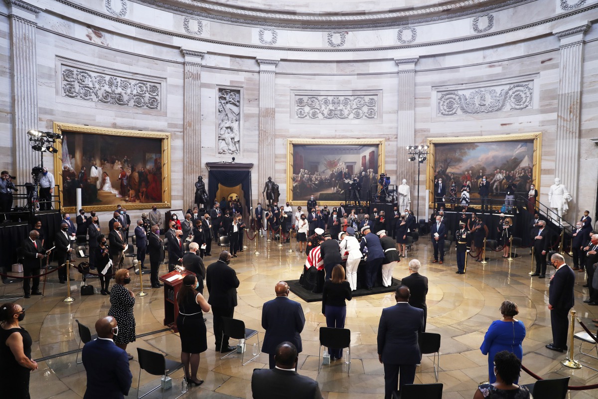 The casket of U.S. Representative from Georgia John Lewis arrives during a ceremony preceding the lying in state in the Rotunda of the U.S. Capitol in Washington, D.C., U.S. July 27, 2020. Shawn Thew/Pool via REUTER
